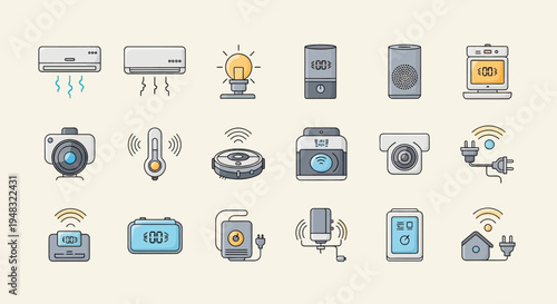 A collection of smart home devices including cameras, speakers, and appliances