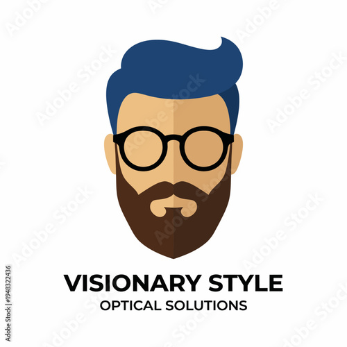 A modern and minimalist illustration of a stylish man with glasses and a beard, representing optical solutions in a contemporary design style suitable for branding and marketing.