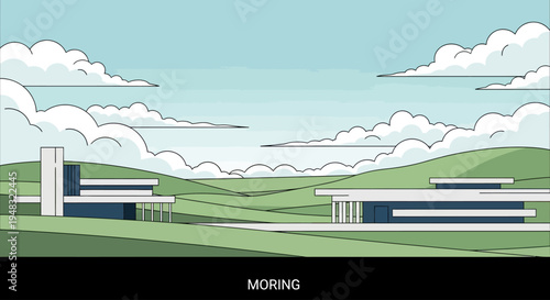 Flat design landscape with modern buildings nestled in rolling green hills under a cloudy sky