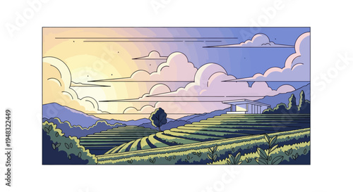 Stylized sunrise over tiered fields with modern architecture