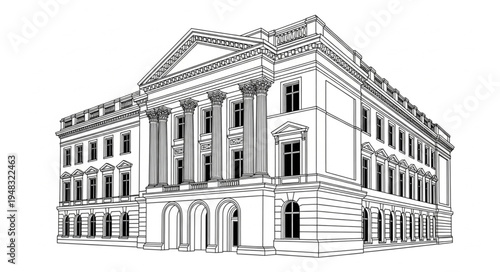Detailed architectural drawing of a grand classical building.
