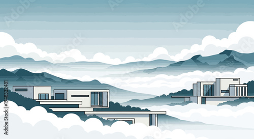 Modern minimalist homes perch on misty mountain peaks, surrounded by clouds
