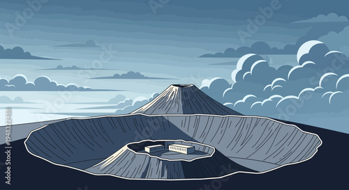 Stylized volcano crater contains buildings under a cloudy, monochromatic sky
