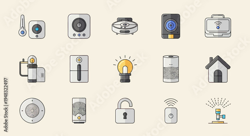 Collection of smart home devices and security elements in simple icons