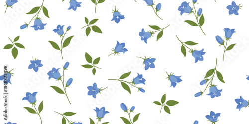 Seamless Blue Bell Flower Pattern with Botanical Leaves and Blooming Wildflowers for Spring Textiles, Wallpaper, Fabric Prints, and Nature Inspired Background Designs
