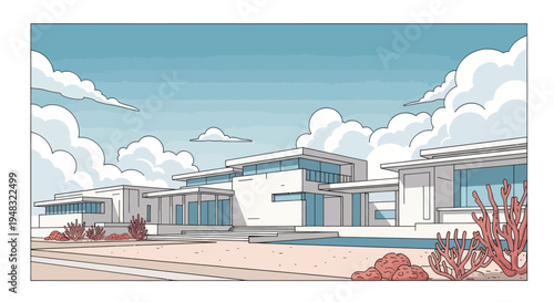 Modern white buildings with glass windows stand under a blue sky with clouds