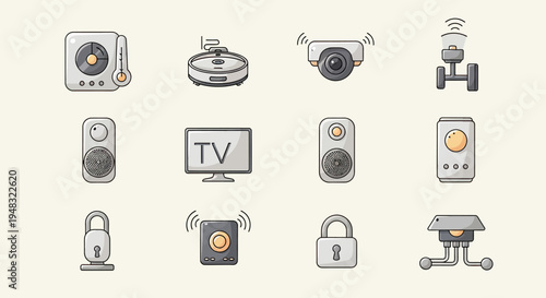 Twelve icons depict smart home devices, including speakers, security, and entertainment