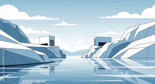 Geometric ice formations frame a calm water passage between modern structures