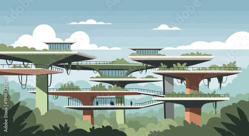 Futuristic multi-level treehouse-like structures in lush green forest under a cloudy sky