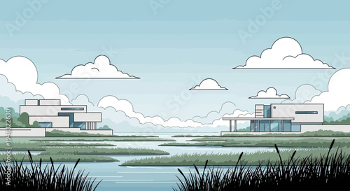 Modern homes amidst a watery landscape with reeds and cloudy sky