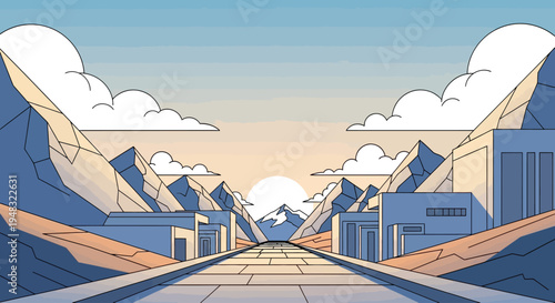 Geometric landscape with buildings, mountains, and sunrise over a straight path