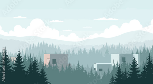 Modern homes nestled within a dense, misty evergreen forest