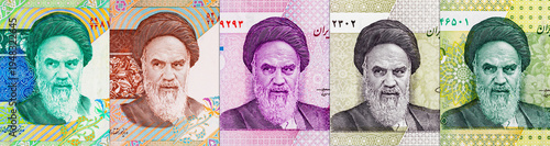Iranian Rial banknotes featuring the portrait of Ayatollah Ruhollah Khomeini. Close-up of Iran’s national currency
