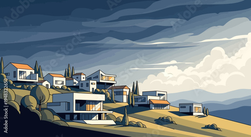 Modern houses nestled on rolling hills under a dramatic, cloudy sky