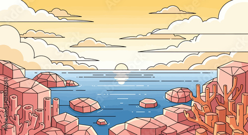 A minimalist illustration of a coastal scene with geometric rocks and coral under a cloudy sky