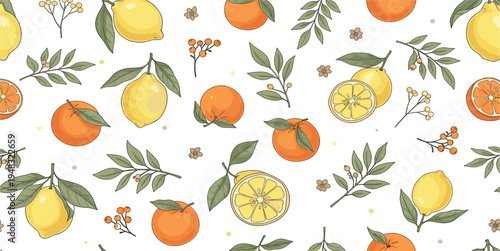 Seamless Citrus Fruit Pattern with Lemon Orange Slices Leaves and Branches, Fresh Organic Summer Food Background for Textile Packaging Wallpaper Vector