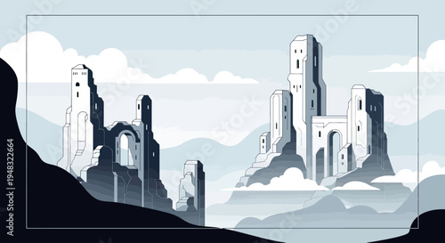 Stark, minimalist landscape featuring ancient, towering stone structures against a pale sky