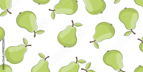 Seamless Green Pear Pattern with Fresh Fruit and Leaves, Repeating Organic Food Background for Textile, Wallpaper, Wrapping Paper Design Vector Illustration