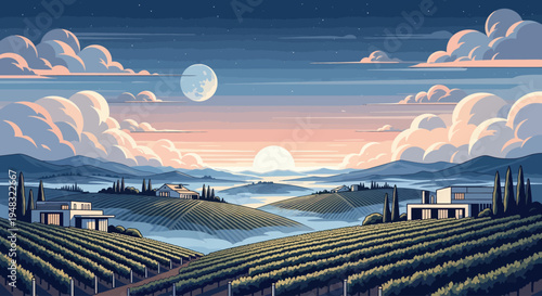 Rolling vineyards and modern homes bask in twilight glow under a sky of moon and clouds