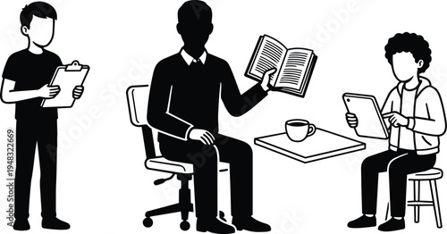 Line art low angle teacher reading open book to seated student with tablet while assistant holds clipboard near coffee table
