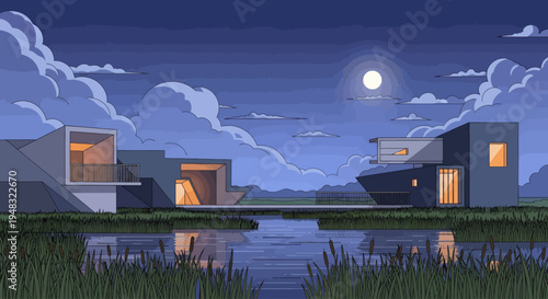 Modern homes reflected in calm water under a moonlit, cloudy night sky