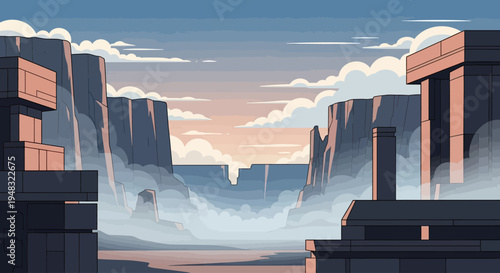 Vast canyon with ancient architecture under a soft, pastel sky