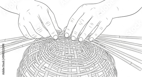 Hands weaving intricate basket design with precision and care.