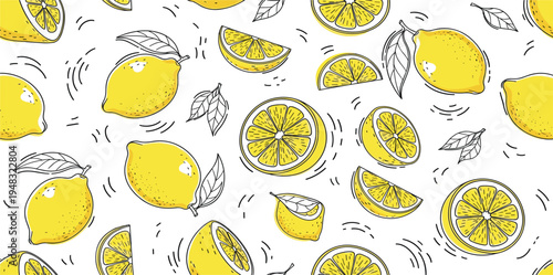Seamless Lemon Pattern with Whole and Sliced Citrus Fruits and Leaves, Fresh Summer Food Background for Textile, Packaging, Wallpaper Vector Illustration