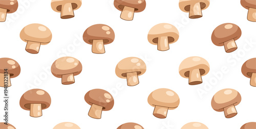 Seamless Mushroom Pattern Background with Cute Brown Champignon Mushrooms for Food Packaging, Kitchen Textiles, Organic Product Branding, and Nature Themed Designs