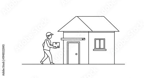 Delivery person bringing package to house in simple line drawing.