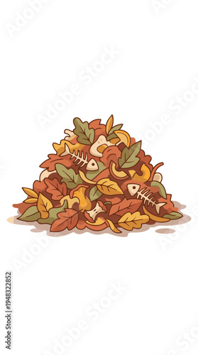 Organic compost pile with autumn leaves, food scraps, and fish bones illustration