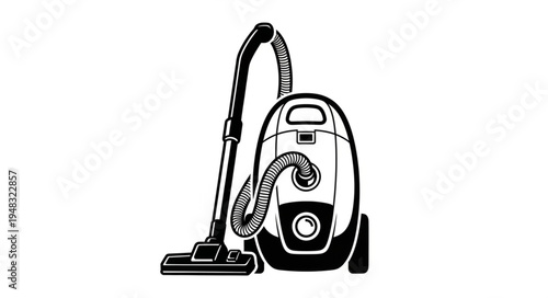 Detailed Black and White Illustration of a Canister Vacuum Cleaner.