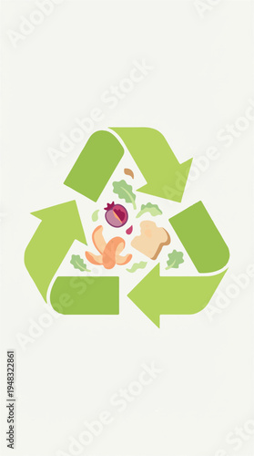 Green recycling symbol with organic food waste for composting illustration