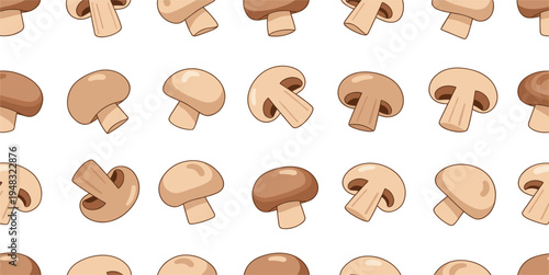 Seamless Mushroom Pattern with Cartoon Champignon Mushrooms, Cute Edible Fungus Food Background for Kitchen Textile Packaging Wallpaper Vector Illustration