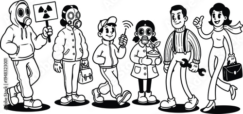 Retro cartoon line art group of diverse people wearing gas masks protesting carrying plant wrench briefcase and phone in bold outline