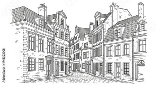 Detailed architectural sketch of a historic European street scene.