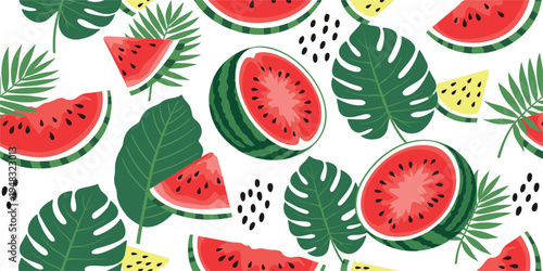 Seamless Watermelon Pattern with Tropical Leaves and Watermelon Slices Colorful Summer Fruit Background Vector Illustration for Textile, Wallpaper, and Fabric Design