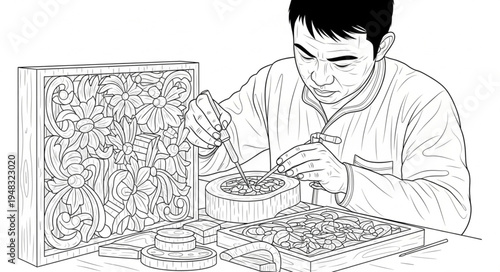 Focused Asian man meticulously working with small objects at a table.