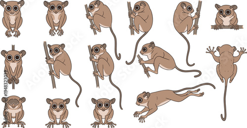 Tarsier Vector Illustration Set Featuring Cute Nocturnal Primate with Big Eyes in Climbing, Sitting, and Jumping Poses for Tropical Wildlife Designs.