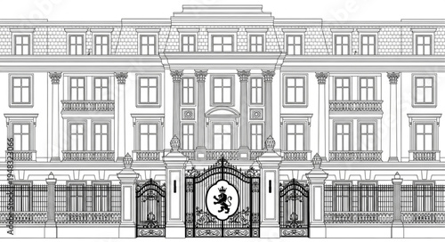 Detailed Architectural Drawing of a Grand Building Facade.