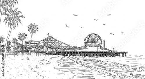 Santa Monica Pier Illustration - A Detailed Black and White Sketch.