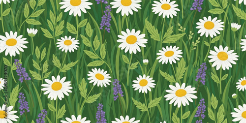 Seamless Wildflower Meadow Pattern with Chamomile Daisies and Lavender Botanical Summer Garden Background for Textile Fabric Wallpaper and Surface Design