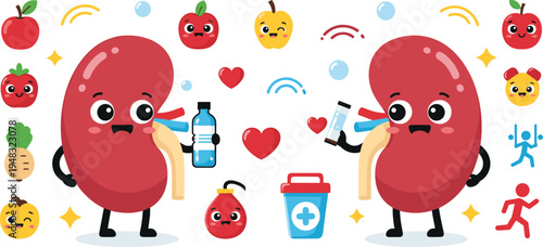 Cartoon Kidney Health Set with Fruits, Hydration, Exercise, and Medical Care Icons for Kidneys Wellness and Healthy Lifestyle.