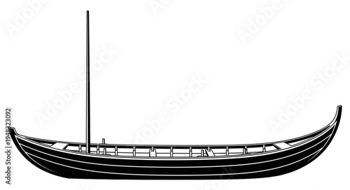 Detailed Black and White Illustration of a Viking Longship.