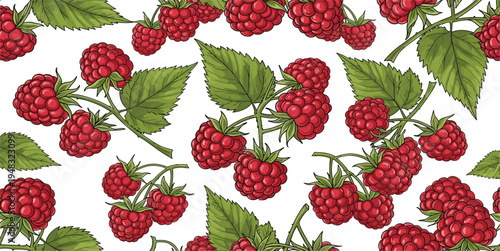 Seamless Raspberry Pattern with Fresh Red Berries and Green Leaves, Organic Summer Fruit Background for Textile, Packaging, Wallpaper Vector Illustration
