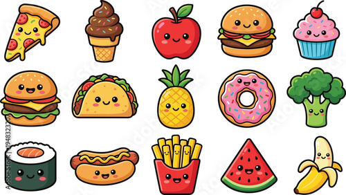 Cute Kawaii Food Cartoon Character Collection with Pizza Burger Taco Donut Sushi Fries Banana and Fruit Funny Fast Food Vector Illustration Set