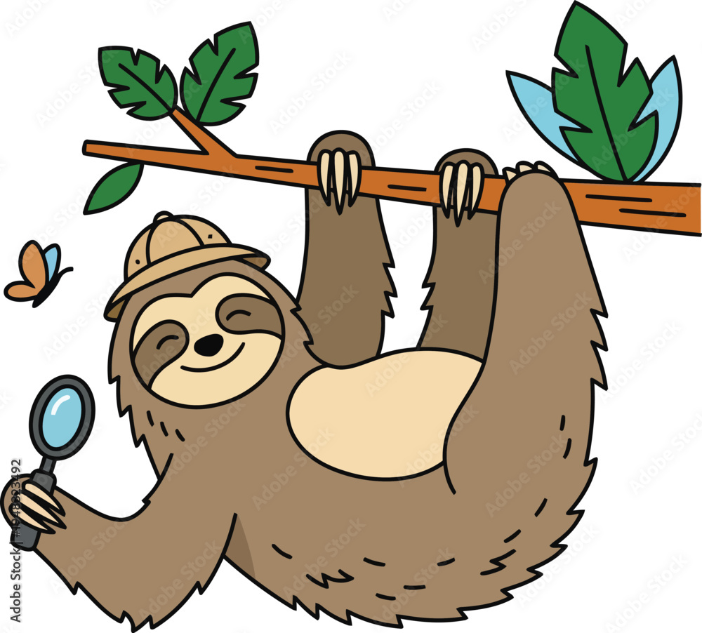 Obraz premium Sloth Hunting Clean Pure Flat Vector Illustration Animal Wildlife Adventure Isolated White