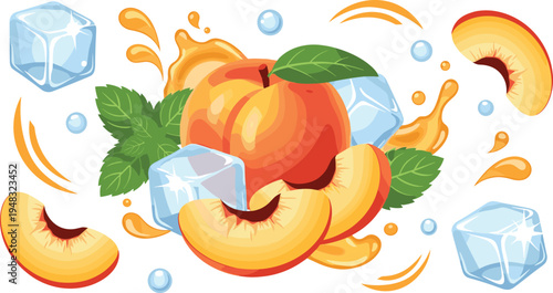 Fresh peach fruit slices with ice cubes mint leaves and juicy splash refreshing summer drink vector illustration