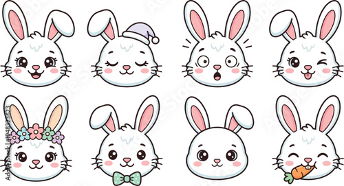 Set Rabbit Head Easter Bunny Faces Vector Bundle Cute Animal Illustration Collection Isolated White