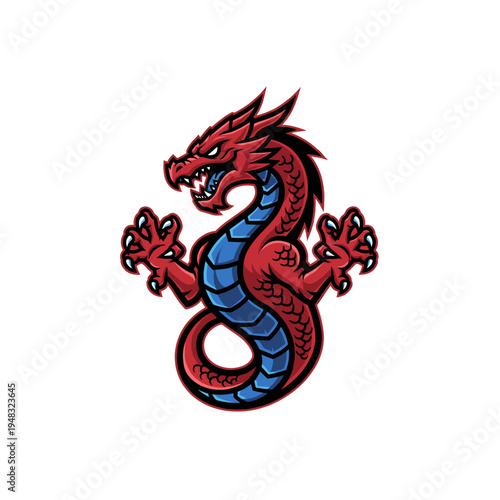 A fierce red dragon with blue scales and sharp claws, depicted in a dynamic pose.